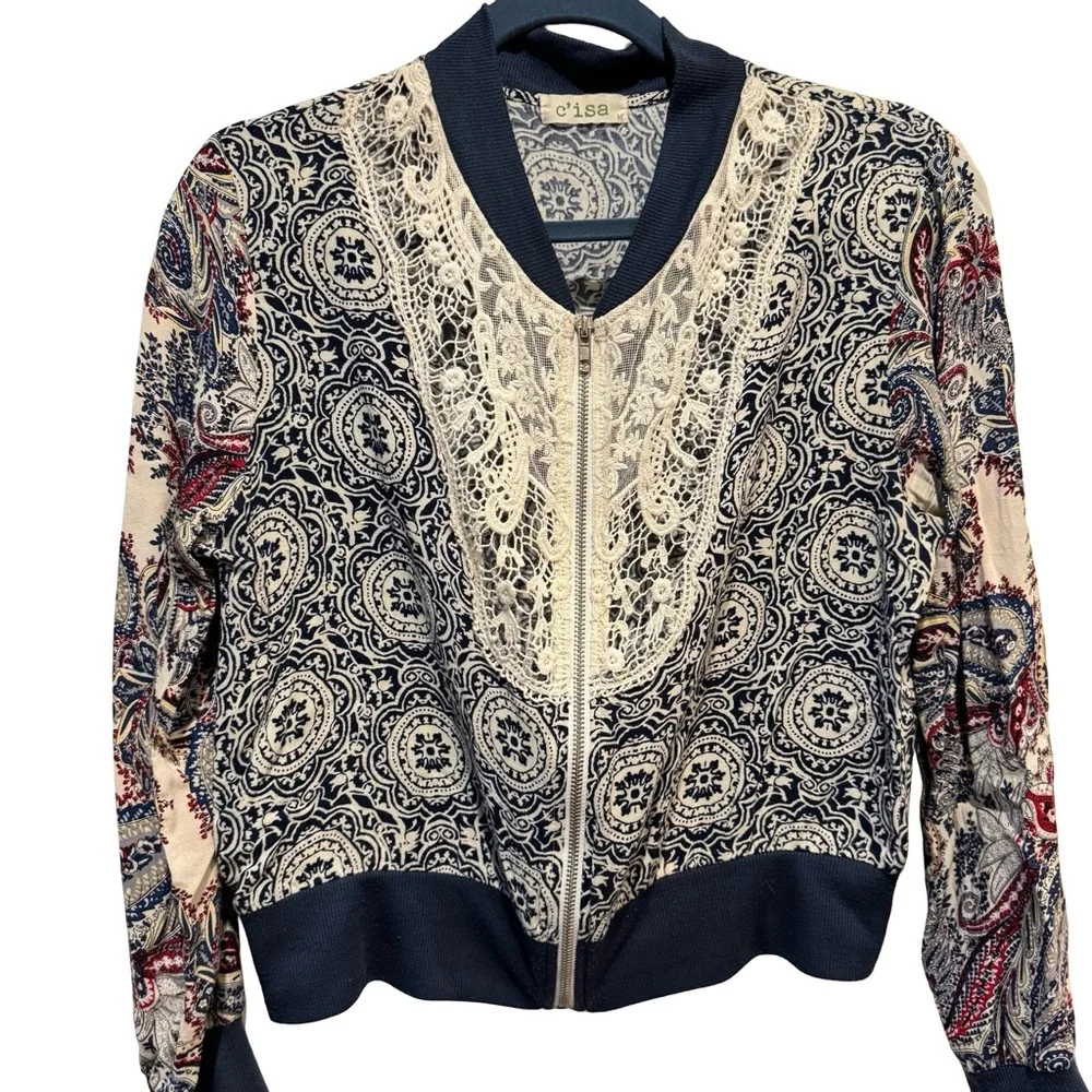 C'isa Blue and White Patterned Zip-up Top - Picture 3 of 10